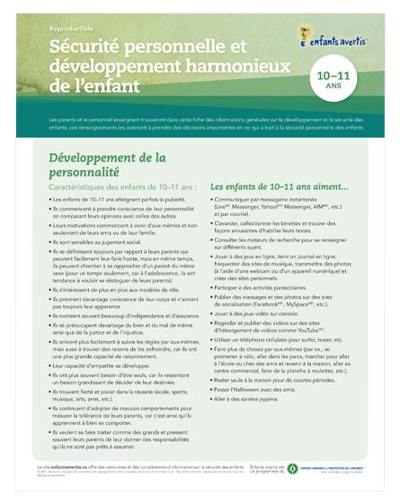 Fiche - Sécurité et  le développement de l'enfant (10-11 ans)