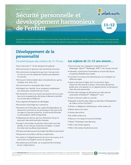 Fiche - Sécurité et  le développement de l'enfant (11-12 ans)