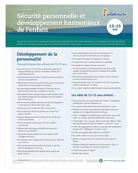 Fiche - Sécurité et  le développement de l'enfant (13-15 ans)